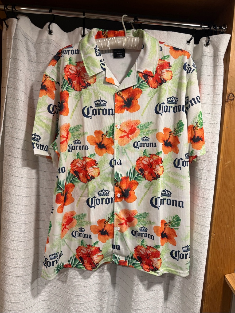 Corona White Button-Up Shirt with Orange Floral Print and Green Leaves
